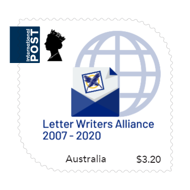 postage stamp with envelope and L.W.A. crossed quills logo