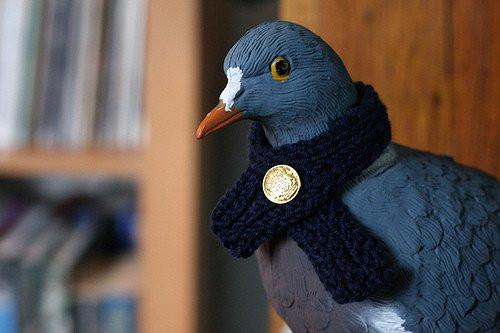 fake pigeon wearing dapper scarf