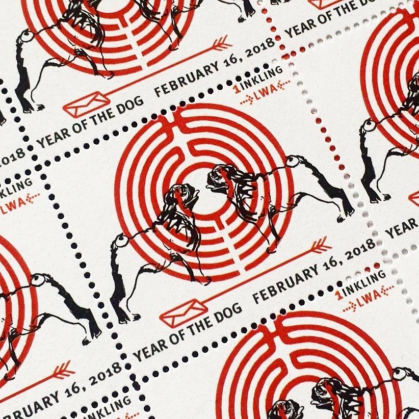 fake postage with illustration of two pugs facing each other in joy
